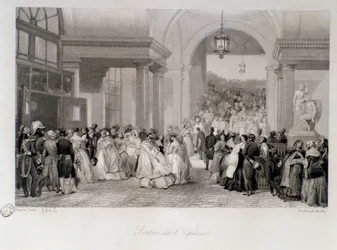 Das Publikum bei der Premiere der Oper in Paris. Gravur von Eugène Louis Lami (1800-1890) 1842. Private Sammlung