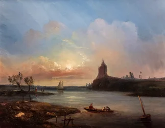 Ansicht einer Mündung mit Fischern und einem imaginären Schloss