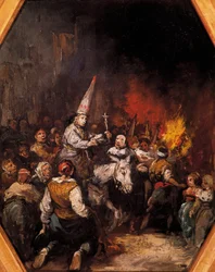 Von der Inquisition Verurteilte. Die Verurteilten tragen Capirotes, spitze, kegelförmige Kopfbedeckungen. Ca. 1862. Museo del Prado, Madrid