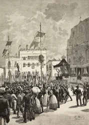 Enthüllung des Denkmals für Viktor Emanuel II. in Anwesenheit von Umberto I., Statue von Eugenio Maccagnani, Lecce, Italien