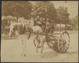 [Straßenkehrmaschine von einem Pferd gezogen]