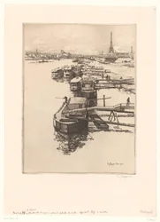 Kai mit Omnibusbooten in Paris mit dem Eiffelturm im Hintergrund
