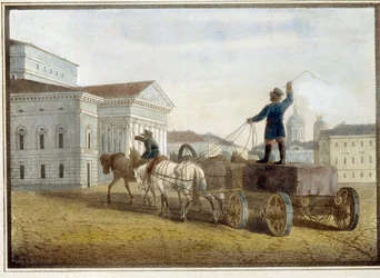 Transport von Granitblöcken auf dem Theaterplatz in Sankt Petersburg