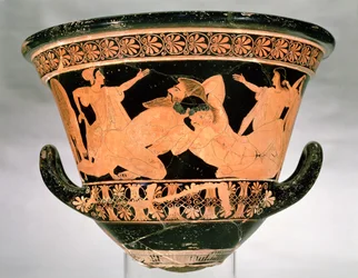 Attische rotfigurige Kalixkrater, die Herakles im Kampf mit Antaios zeigt, aus Cervetri, Italien, ca. 510 v. Chr.