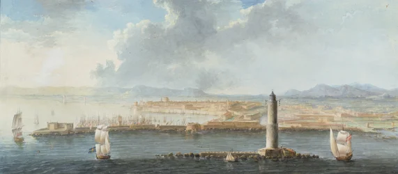 Ansicht eines Hafens vom Meer aus, wahrscheinlich Livorno