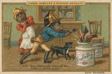 Karikatur Afrikaner fällt in Leibig Fleischextrakt Glas