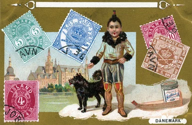 Dänische und isländische Briefmarken mit einem Inuit-Kind und seinem Hund, 1897
