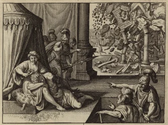 Delila schneidet Samson die Haare (Gravur)