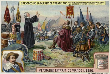 Gustav II. Adolf von Schweden besucht einen Gottesdienst im Freien vor der Schlacht bei Lützen, Deutschland, 1632