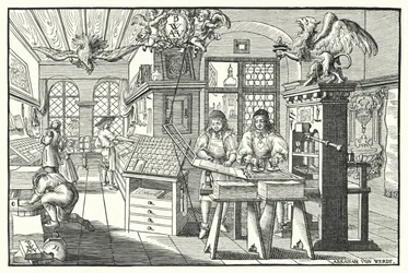 Innenansicht einer Buchdruckerwerkstatt, ca. 1676 (Stich)