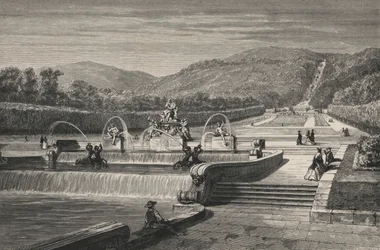 Das Wasserbecken und der Wasserfall in Caserta (Stich)