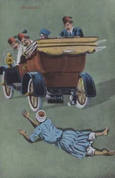 Mann von Chauffeurwagen überfahren (Farblithografie)