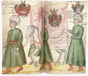 Seiten aus dem Album Amicorum von Julius Pflug, einschließlich türkischer Kostüme und Wappen, 1600-13