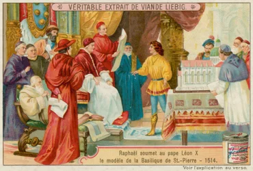 Raffael reicht Papst Leo X. einen Entwurf ein