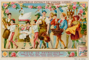 Vertreter verschiedener Handwerke: Weinhändler, Koch, Fischer, Jäger, Brauer, Schmied, Konditor, Weber, Metzger und Schuhmacher