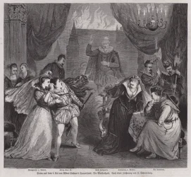 Szene aus Akt III des deutschen Dramatikers Albert Lindners Tragödie Die Bluthochzeit