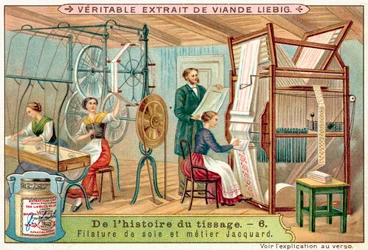 Seidenspinnen und ein Jacquard-Webstuhl