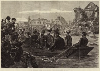 Der Kaiser von Österreich besucht Szegedin während der Überschwemmung (Gravur)