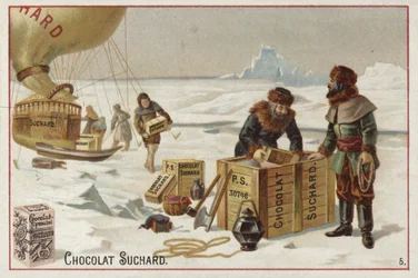 Entladen von Suchard-Schokolade aus einem Ballon in der Arktis