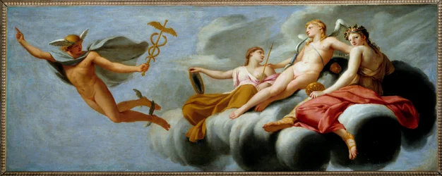 Amor befiehlt Merkur, seine Macht dem Universum zu verkünden. Hermes hat sein Attribut verloren. Gemälde von Eustache Le Sueur (1646)