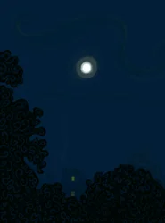 Haus mit Giebel und Mond bei Nacht, Schatten von Bäumen