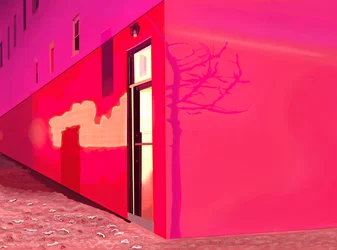 Rotes Licht von Sirene und Schatten eines kleinen Baumes an der Gebäudeseite in der 12. Straße in einer verschneiten Nacht