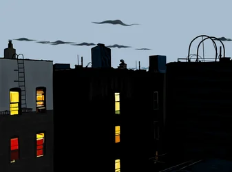 Dach und Gebäude in Sommernacht