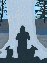 Schatten von Mann und Hunden auf großem Baumstamm, Brooklyn