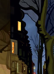 Straße und Gebäudeoberseiten bei Nacht