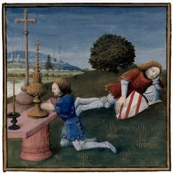 Artuslegende: Lancelot schläft, während der Heilige Gral einem anderen Ritter erscheint, Beleuchtung von Evrard d