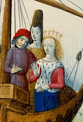 Königin Iseult von Tristan und sie segelten ins Königreich Logres. Miniatur aus „Romanesque du Chevalier Tristan und Königin Yseult“ von Gassien de Poitiers, illuminiert von Everard de Espinques (15. Jahrhundert)