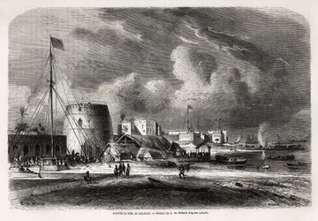 Hafen der Stadt Sansibar (heutiges Tansania), Zeichnung von Evremond de Berard (1824-1881), zur Illustration der Reise von Captain Burton zu den Großen Seen Ostafrikas in den Jahren 1857-1859. Gravur in „Le tour du monde, nouveau journal des voyages“ Paris