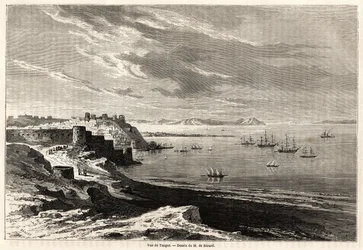Ansicht von Tanger (Marokko), Zeichnung von Evremond de Berard (1824-1881), zur Illustration der Reiseberichte von M.F. Schickler nach Marokko. Gravur in „Le tour du monde, nouveau journal des voyages“ Paris