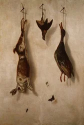 Stillleben mit totem Wild an der Wand hängend