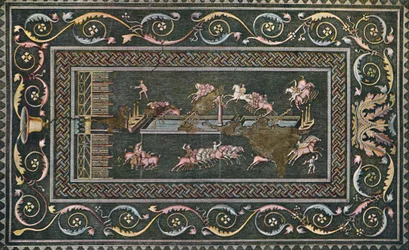 Ein römisches Mosaik in Lyon, das die Zirkusspiele darstellt