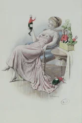 Postkarte mit einer Frau und Champagnerflaschen in Form von Männern, ca. 1900