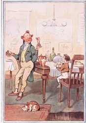 Er nahm ein Kotelett am Knochen in die eine Hand und eine Kartoffel in die andere, Illustration aus David Copperfield, 1914
