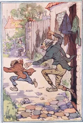 Er stürzte aus dem Laden hinter ihnen her und schickte sie fliegend, Illustration aus David Copperfield, 1914