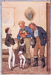 Mr. Peggotty nahm zwei riesige Hummer und eine enorme Krabbe und eine große Leinwandtasche mit Garnelen aus seinen Taschen, Illustration aus David Copperfield, 1914