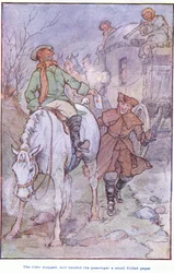 Der Reiter hielt an und übergab dem Passagier ein kleines gefaltetes Papier