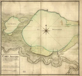 Spezialkarte des Verlaufs des St. Louis Flusses vom Wilden Dorf bis unterhalb des Detour aux Angloix, der Seen Pontchartrain & Maurepas und der Flüsse & Bayous, die dort münden