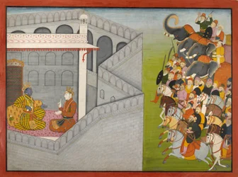 Die Belagerung von Mathura durch Jarasandha aus der Serie Guler-Basholi "Bhagavata Purana"