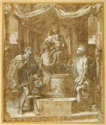 Die Jungfrau und das Kind auf einem Thron unter einem Baldachin mit den Heiligen Rochus und Sebastian