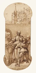 Taddeo am Eingang zu Rom, begrüßt von Mühe, Knechtschaft und Härte sowie von Gehorsam und Geduld (der Esel und der Ochse)