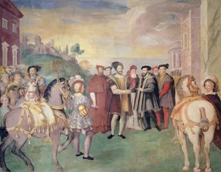 Der Waffenstillstand von Nizza zwischen Franz I. und Kaiser Karl V. im Jahr 1538, im Zentrum Papst Paul III. Farnese, gewählt im Jahr 1534