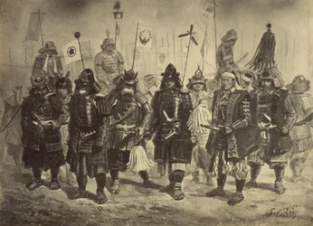 Fotografische Kopie einer Zeichnung japanischer Krieger von Charles Wirgman