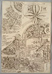 Dekorative Studien von Decken mit Grotesken; Studien eines Denkmals mit päpstlichem Siegel, Sisto V
