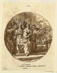 Zeichnung, Deckengestaltung für Numa Pompilius, der nach seiner Wahl in Rom willkommen geheißen wird, Sala di Numa Pompilio, Palazzo Milzetti, Faenza, 1804–05