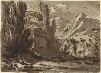 Gebirgige Landschaft mit klassischem Tempel
