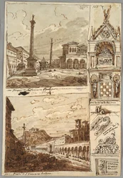 Piazza San Domenico in Bologna; Piazza San Francesco und Villa Aldini in Bologna; Studie des Grabmals der Glossatoren